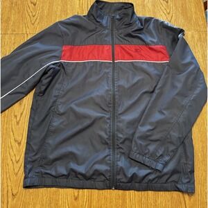 Vintage 90s Starter mens Large Gray Red Stripe Full Zip Jacket Windbreaker Poly